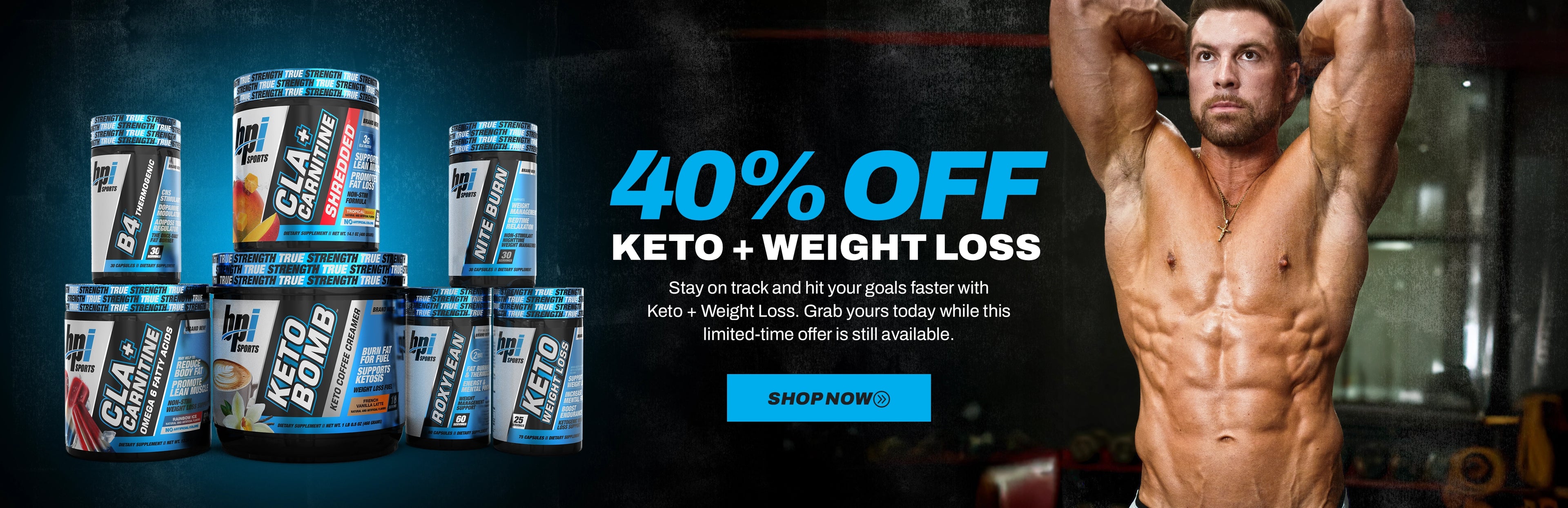 40% off keto and weight loss products with a muscular man