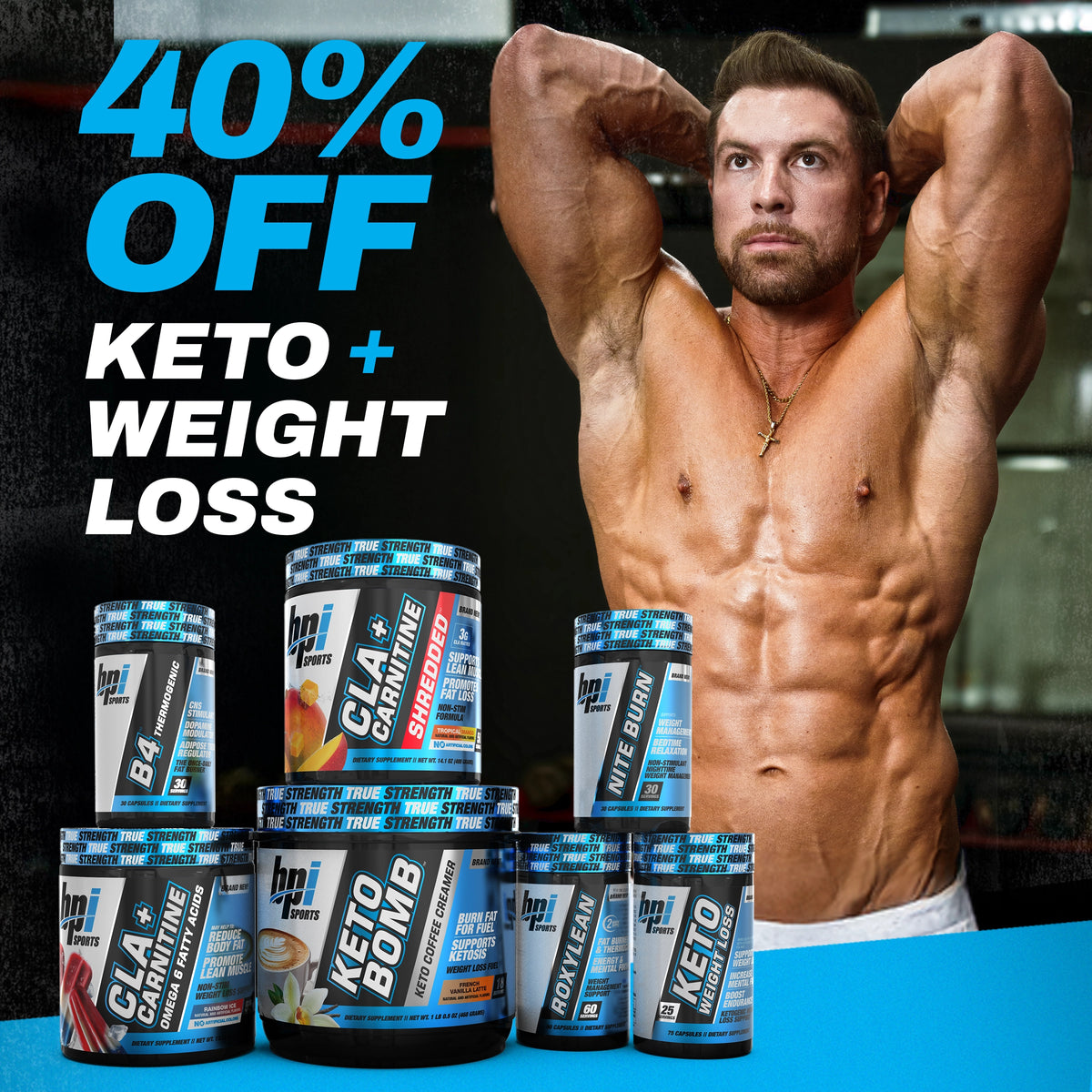40% off keto and weight loss products with a muscular man