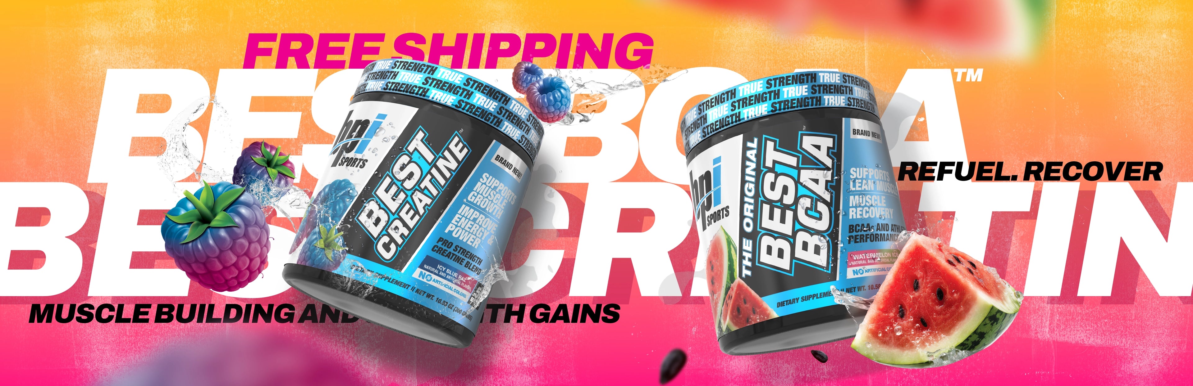 Advertisement for Best BCAA supplement with colorful background and product images.