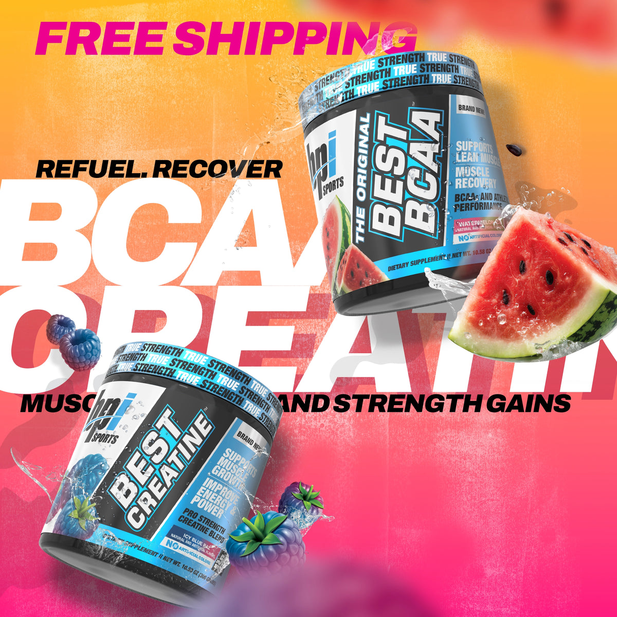 Two supplement containers labeled 'Best BCAA' and 'Best Creatine' with watermelon slices on a colorful background.