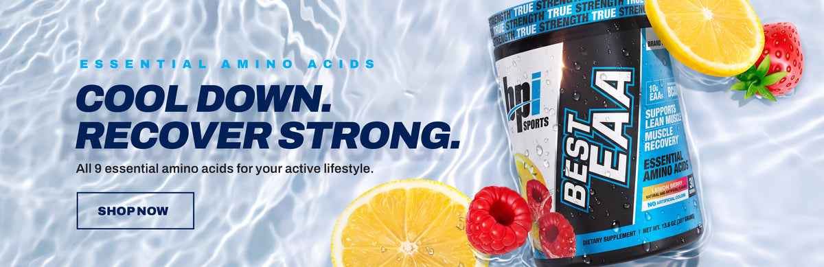 A tub of Best EAA essential amino acids supplement on a water-textured background with lemon slices, strawberries, and a 'COOL DOWN. RECOVER STRONG.