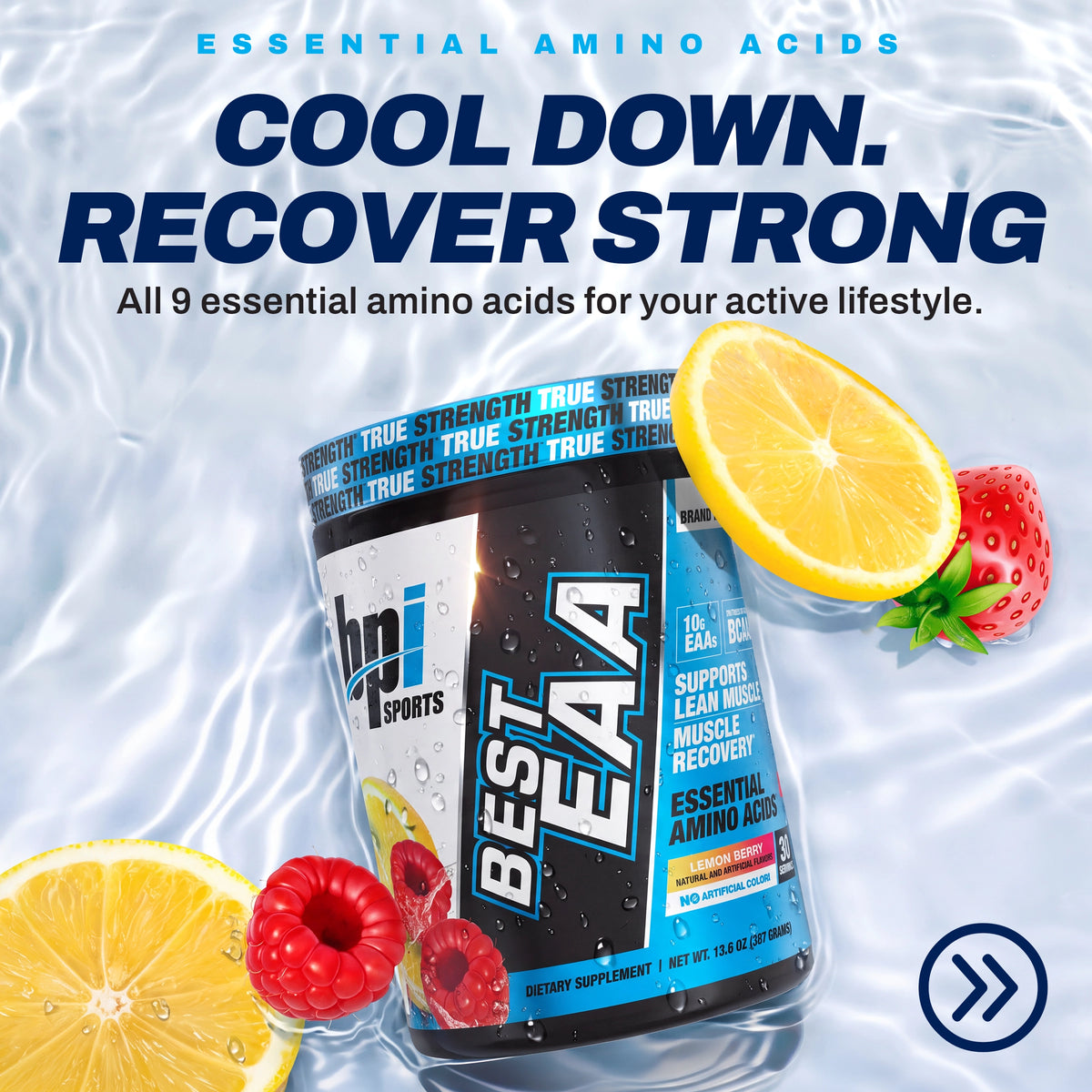 A tub of Best EAA essential amino acids supplement on a water-textured background with lemon slices, strawberries, and a 'COOL DOWN. RECOVER STRONG.