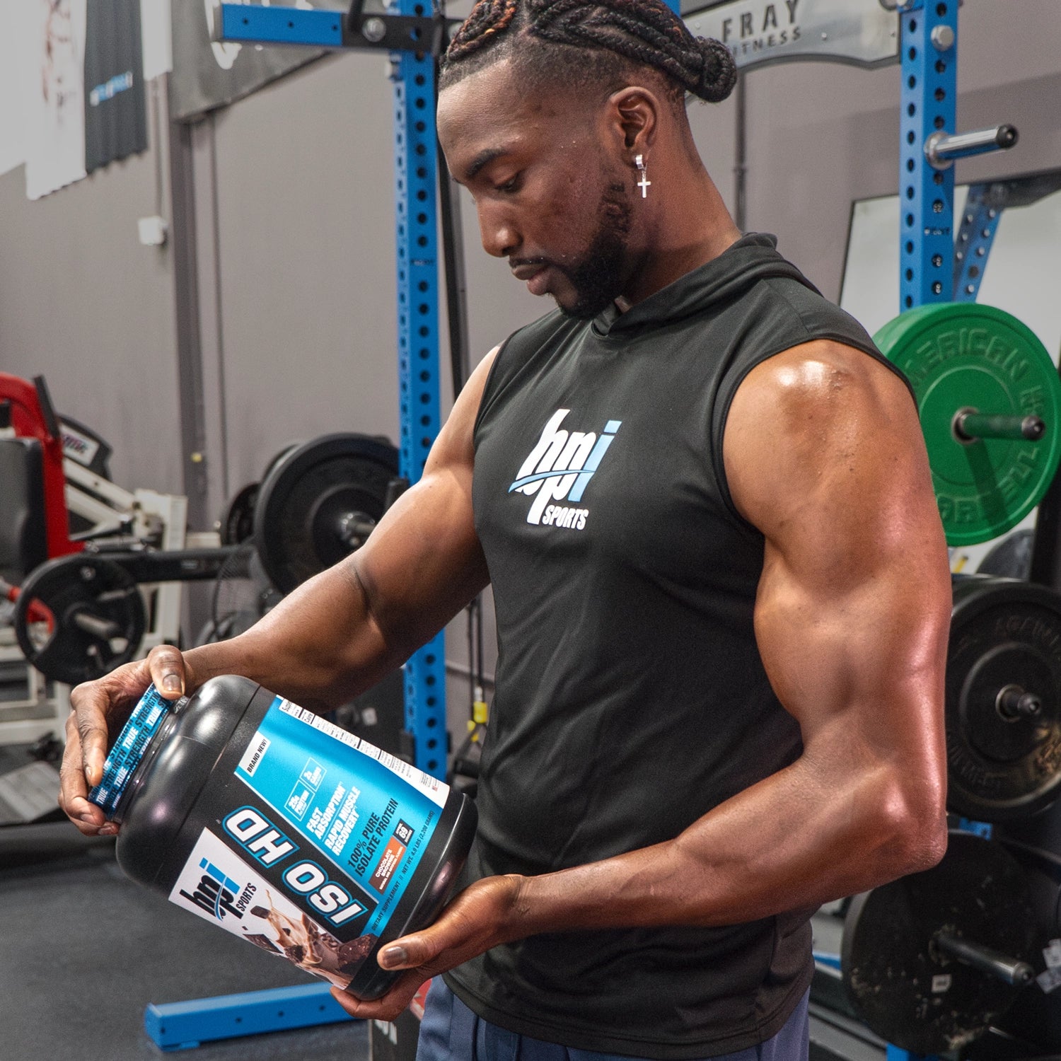 BPI's Athlete with a Bottle of Iso HD Chocolate Brownie