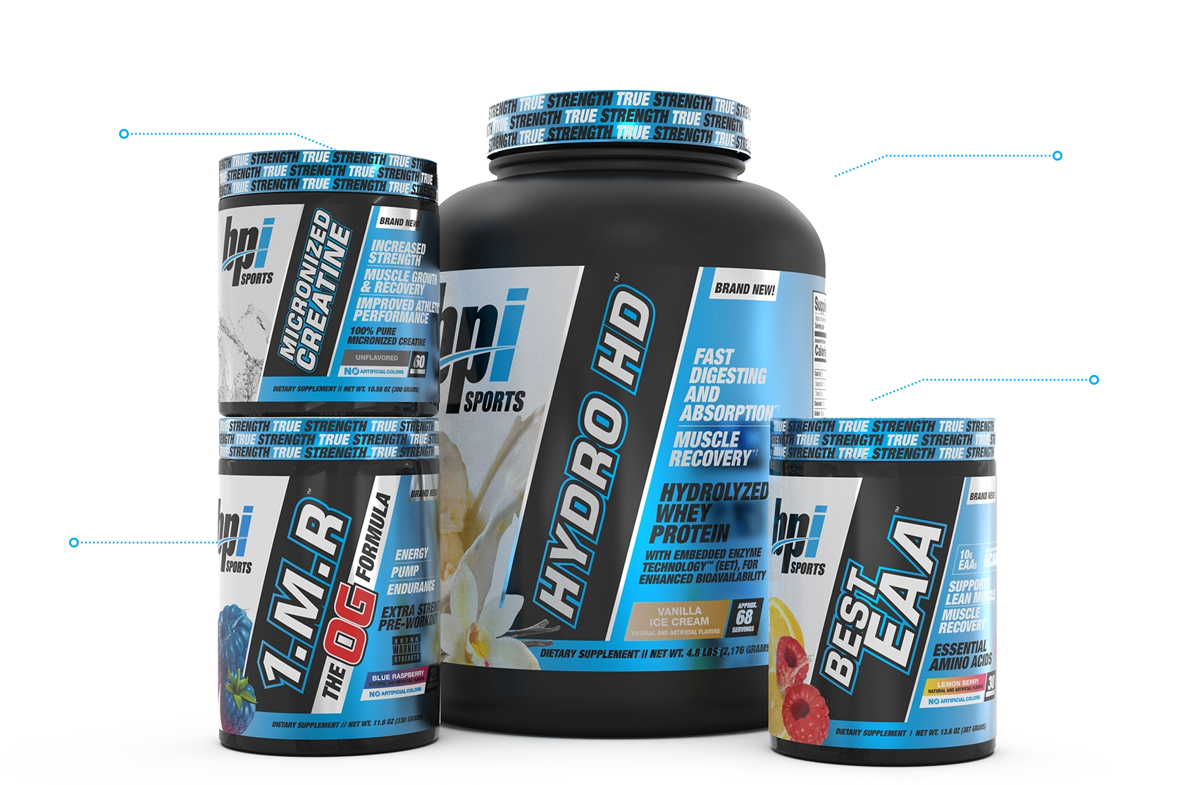 100% PURE MICRONIZED CRREATINE, HYDROLYZED WHEY PROTEIN, EXTRA STRENGTH PRE-WORKOUT, ESSENTIAL AMINO ACIDS