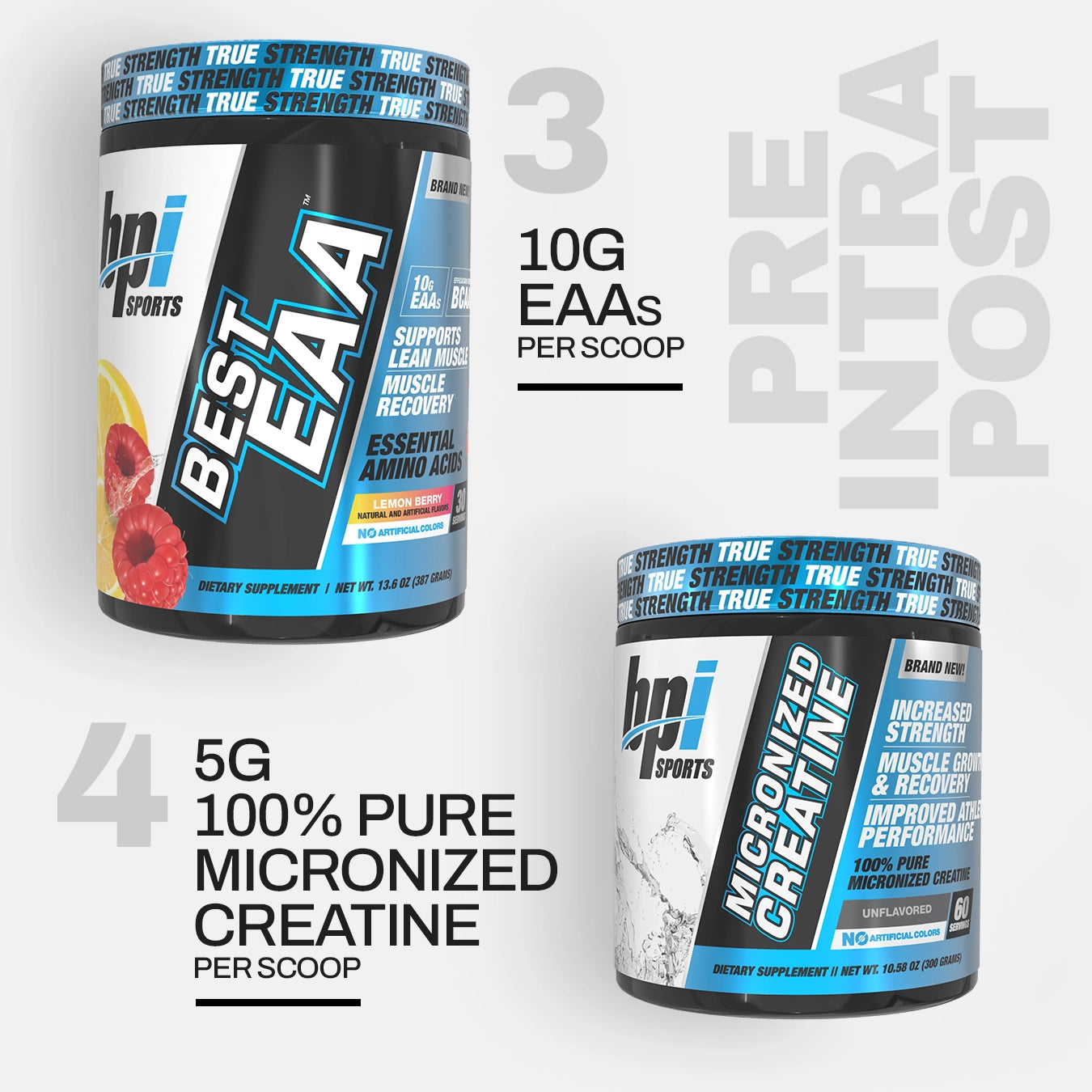 Best EAA and Micronized Creatine: Pre/Intra/post Workout. 10 g EAAs and 5 g 100% Pure Micronized Creatine per scoop