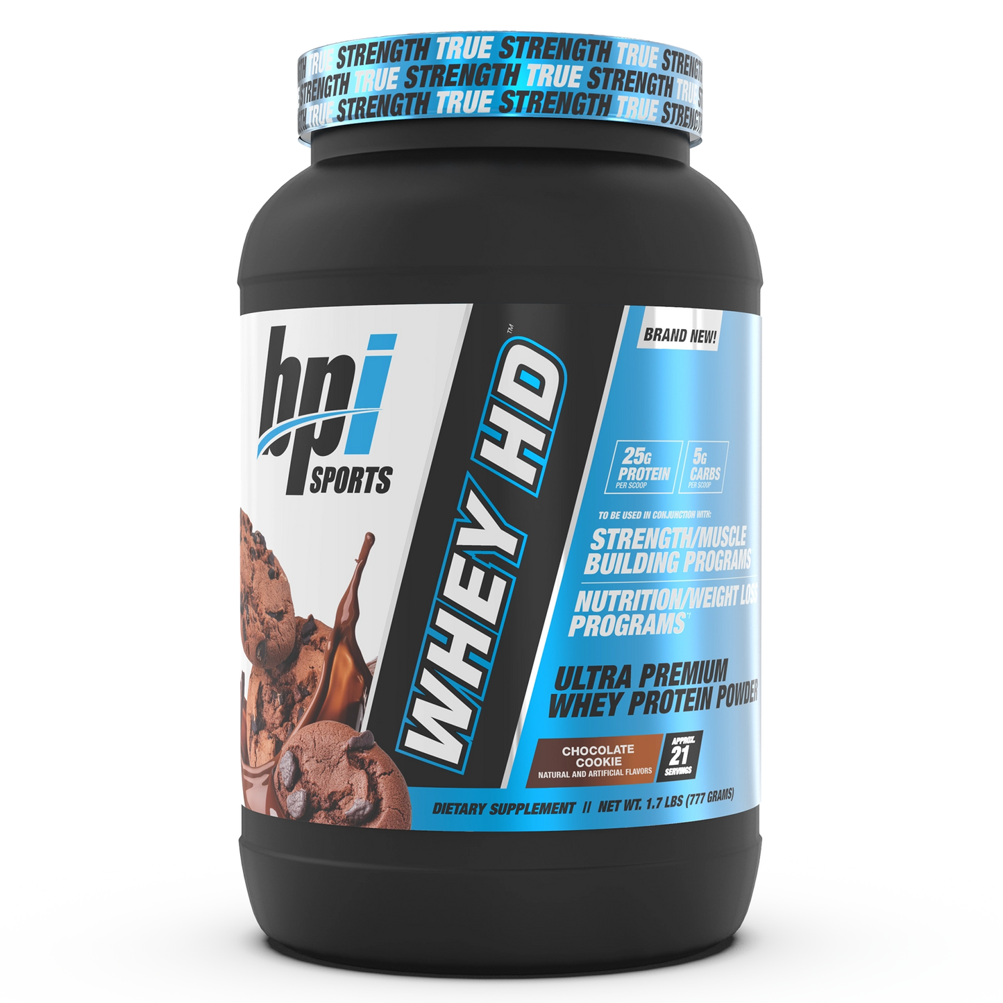 BPI Sports Whey HD Chocolate Cookie protein powder container