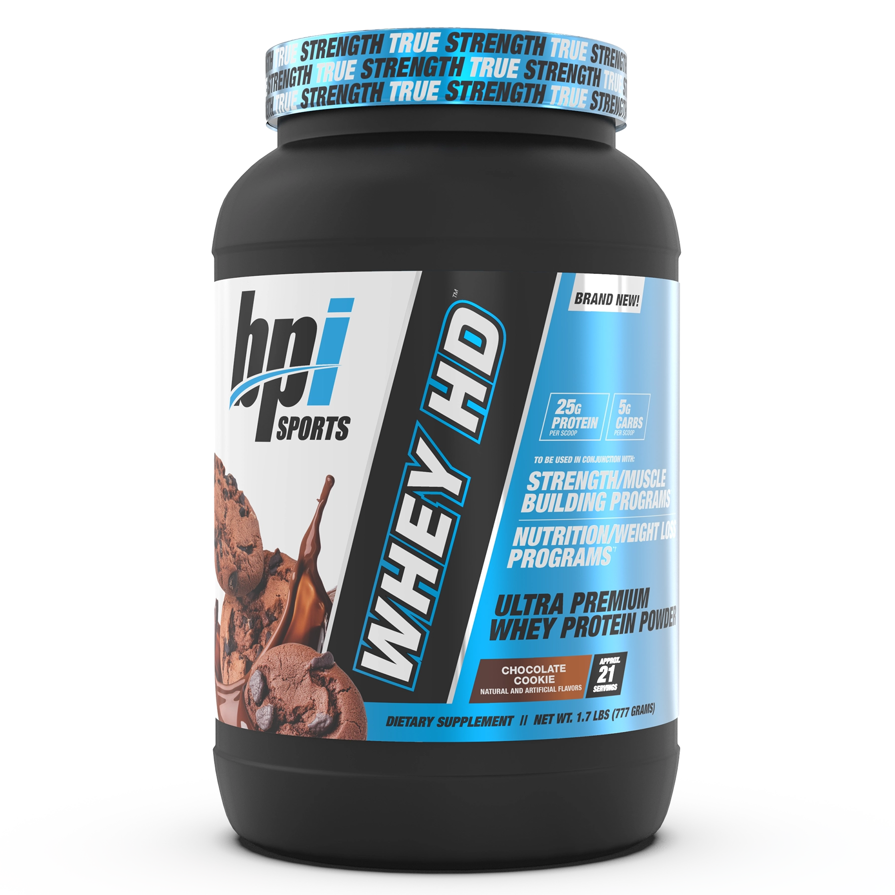 BPI Sports Whey HD Chocolate Cookie protein powder container