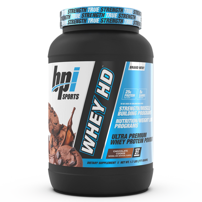 BPI Sports Whey HD Chocolate Cookie protein powder container