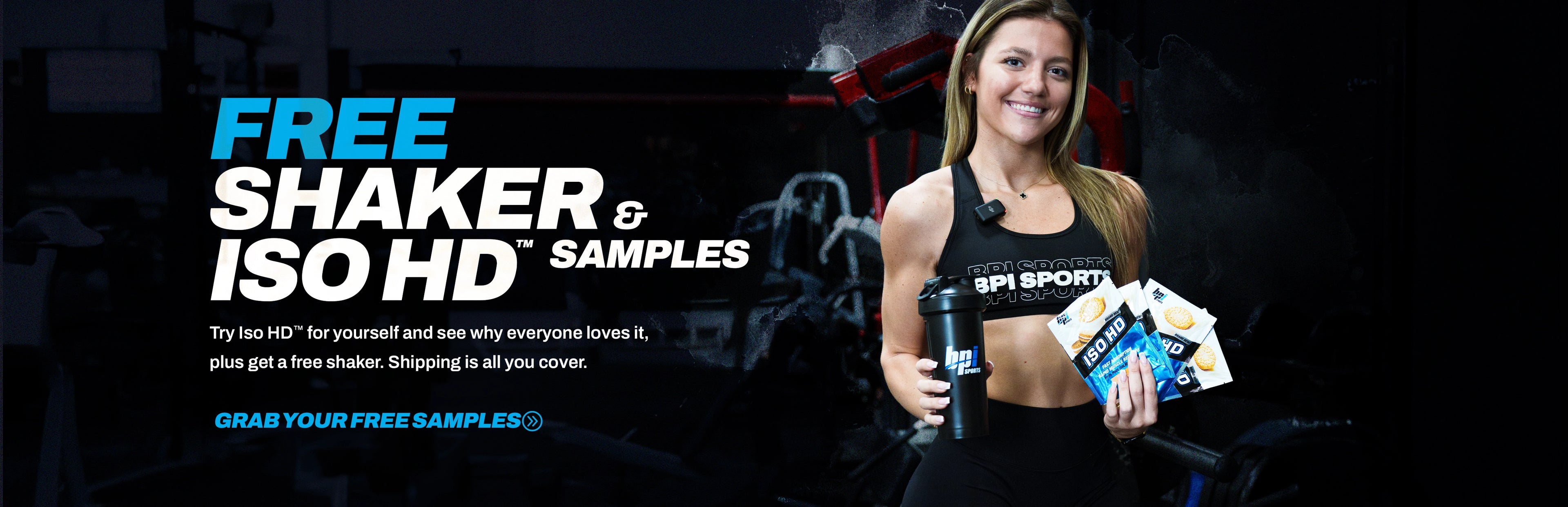 Woman holding a protein shake and ISO HD samples. Free Iso HD Samples and Shaker only pay shipping
