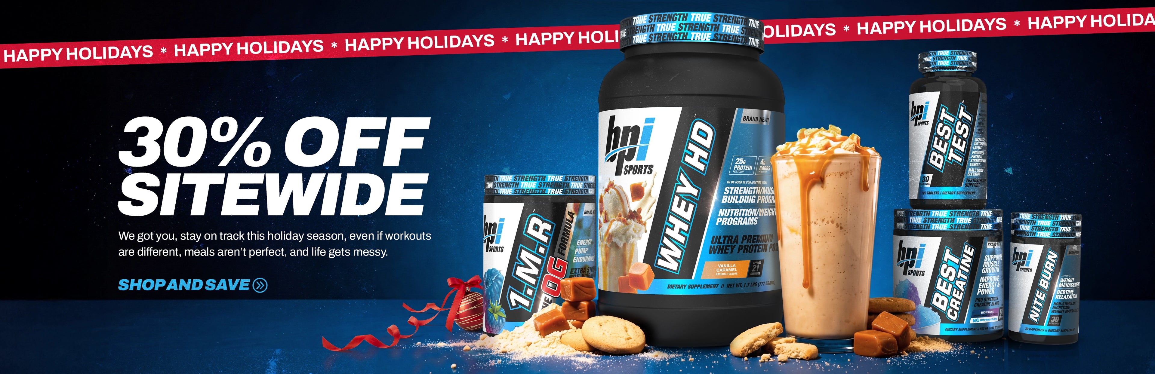 Promotional banner for BPI Sports with 'Happy Holidays' text and 30% off sitewide offer.