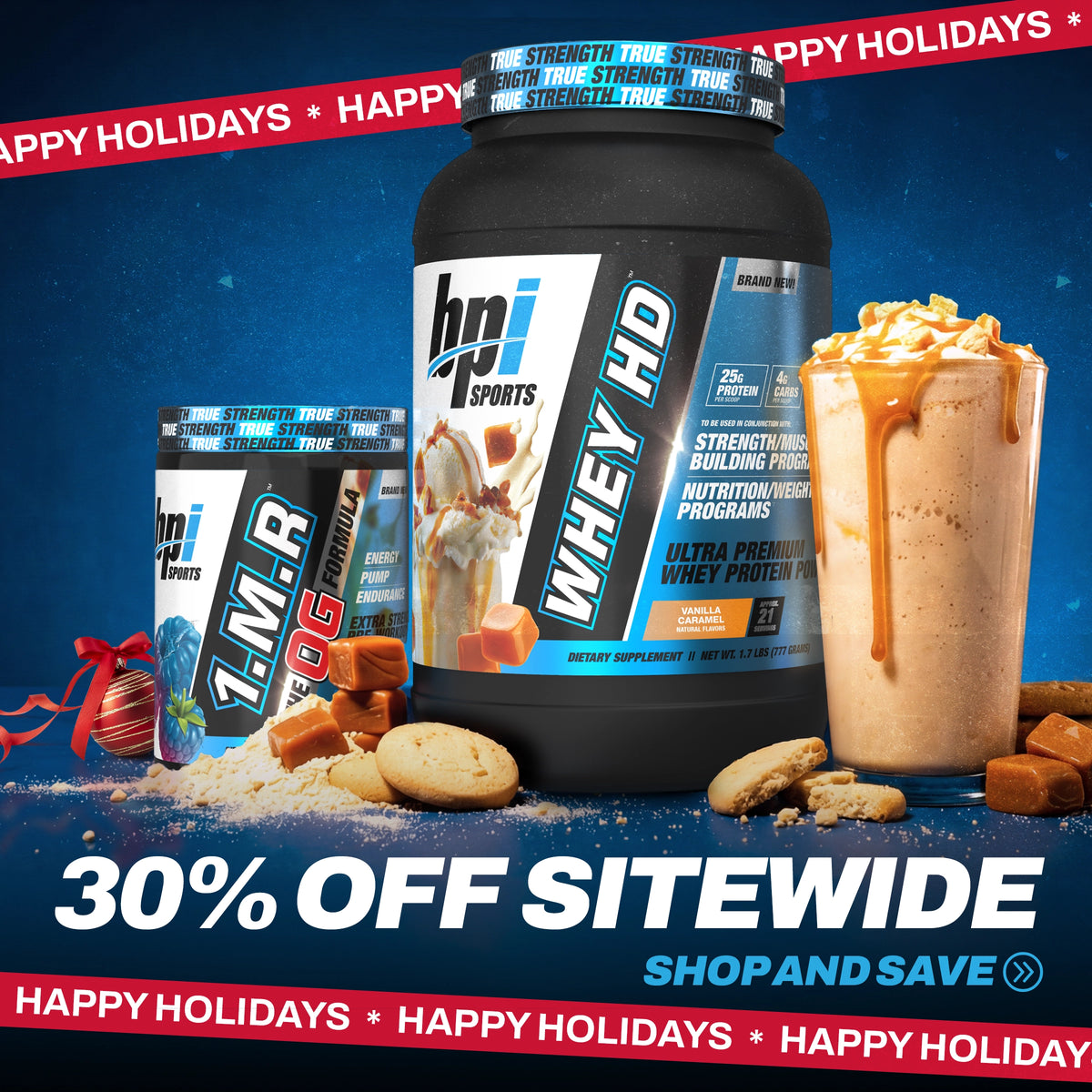 Promotional banner for BPI Sports with 'Happy Holidays' text and 30% off sitewide offer.