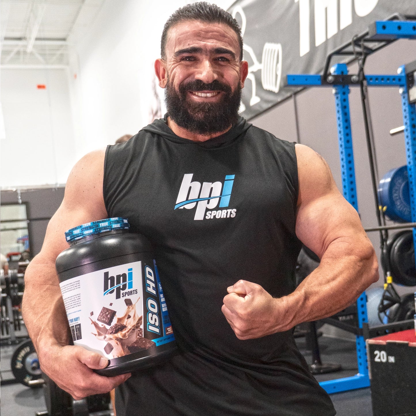 Kamal, BPI's Athlete with a bottle of Iso HD Chocolate Brownie