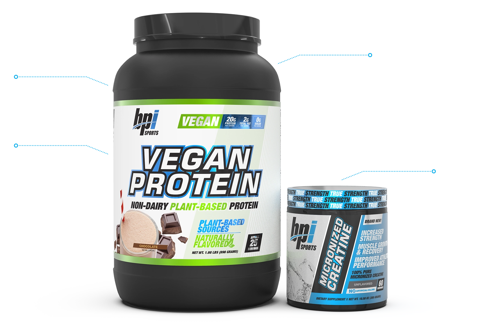 20G PROTEIN PER SCOOP, 2G TOTAL FAT PER SCOOP, ON-DAIRY PLANT BASED PROTEIN, 100% PURE MICRONIZED CREATINE