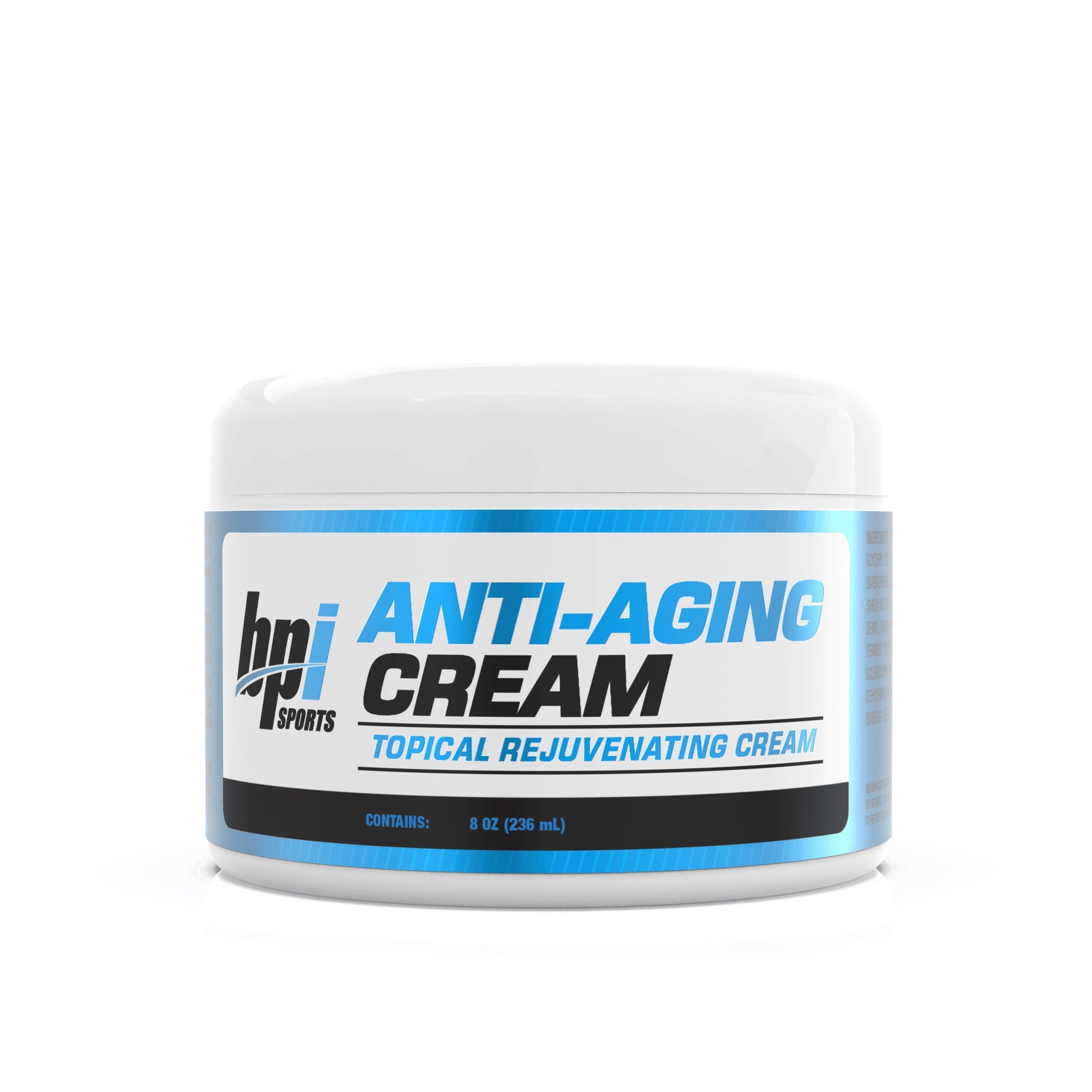 BPI Sports Anti-Aging Cream Jar. Total rejuvenating cream. 8 ounces/ 236 ml.