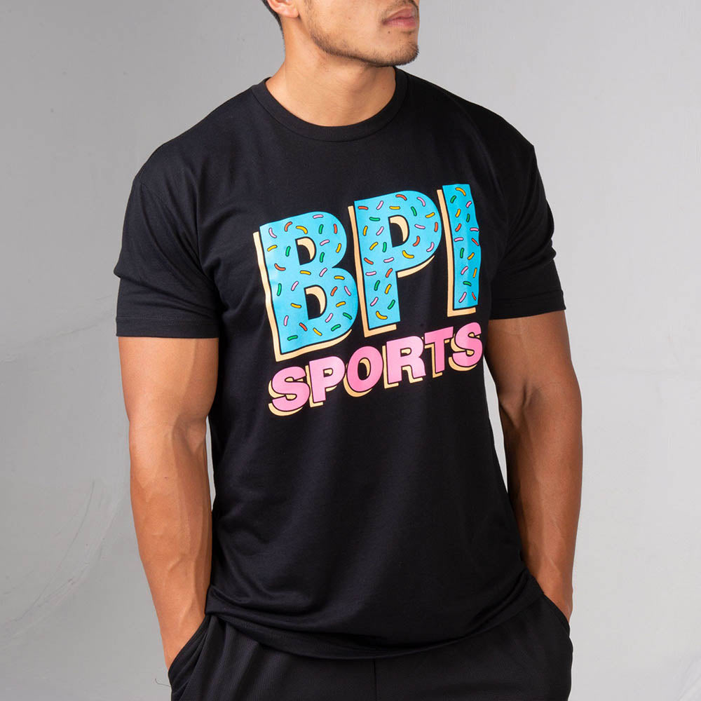 Black Tee-Shirt. Donut logo BPI Sports blue and pink Front