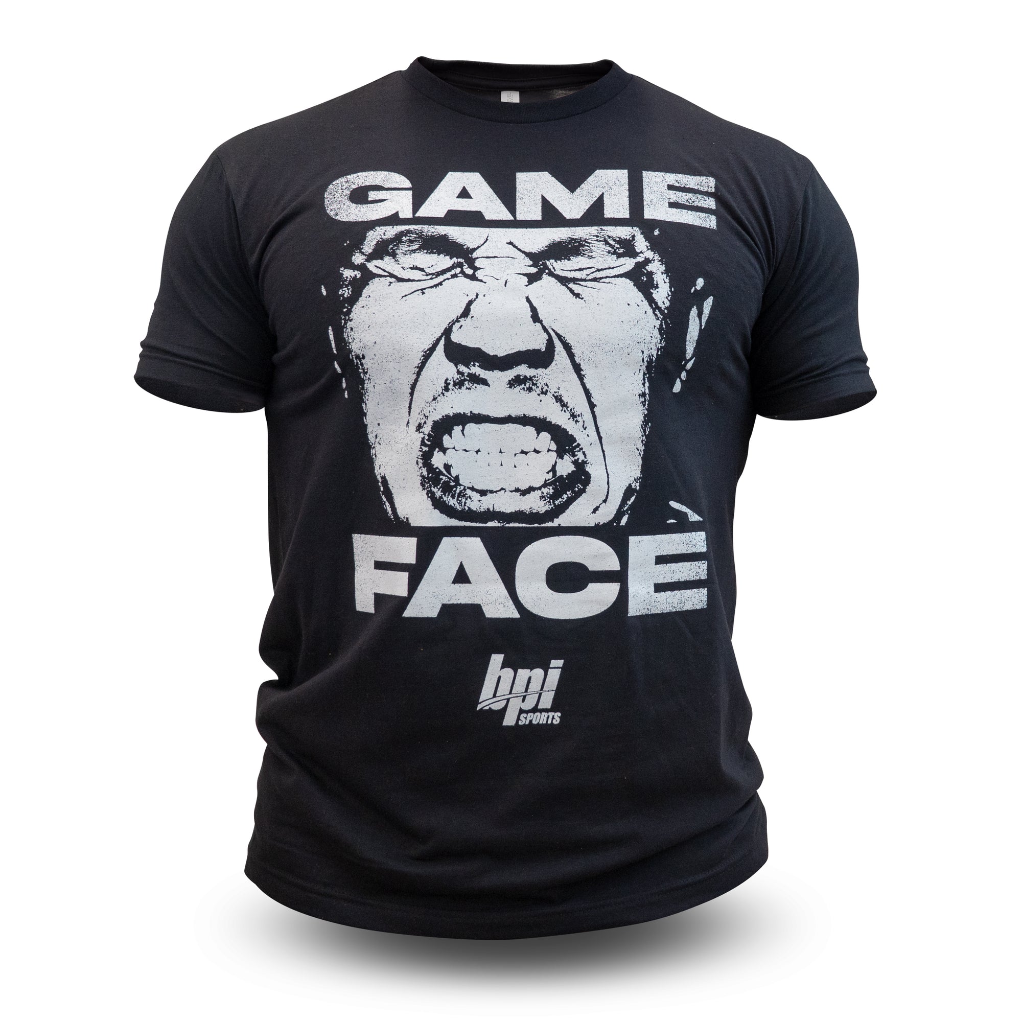black tee-shirt. Game face 