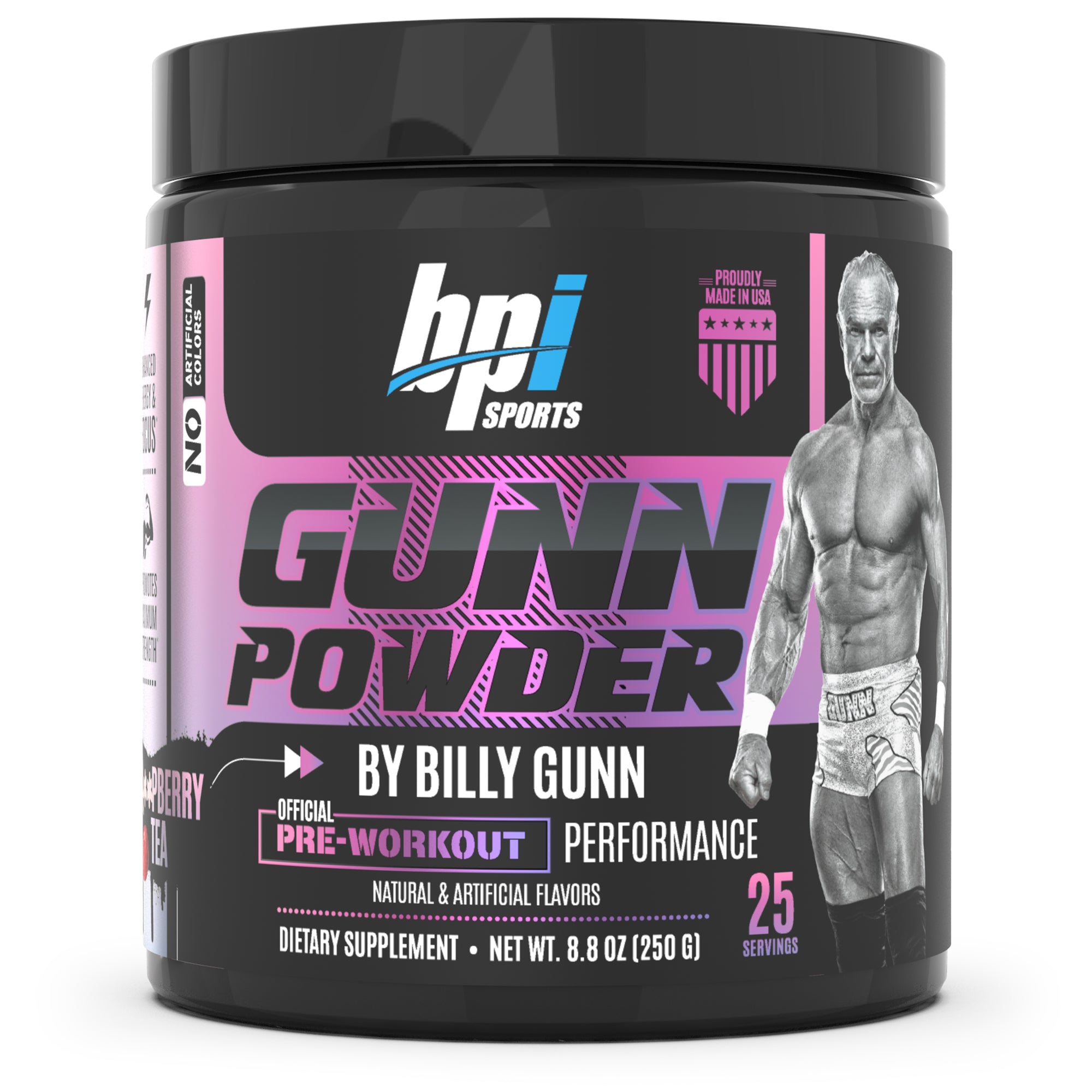 Rasspberry Tea Gunn Powder by Billy Gunn Container. 25 servings Net weight 7.76 ounces / 220 grams. Official pre-workout performance
