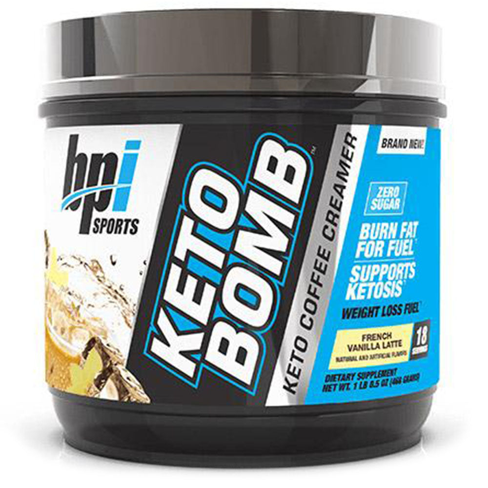 Container of Keto Bomb powder. 18 servings, French Vanilla Latte flavor. Net weight 1 pound 0.5 ounces/ 468 grams