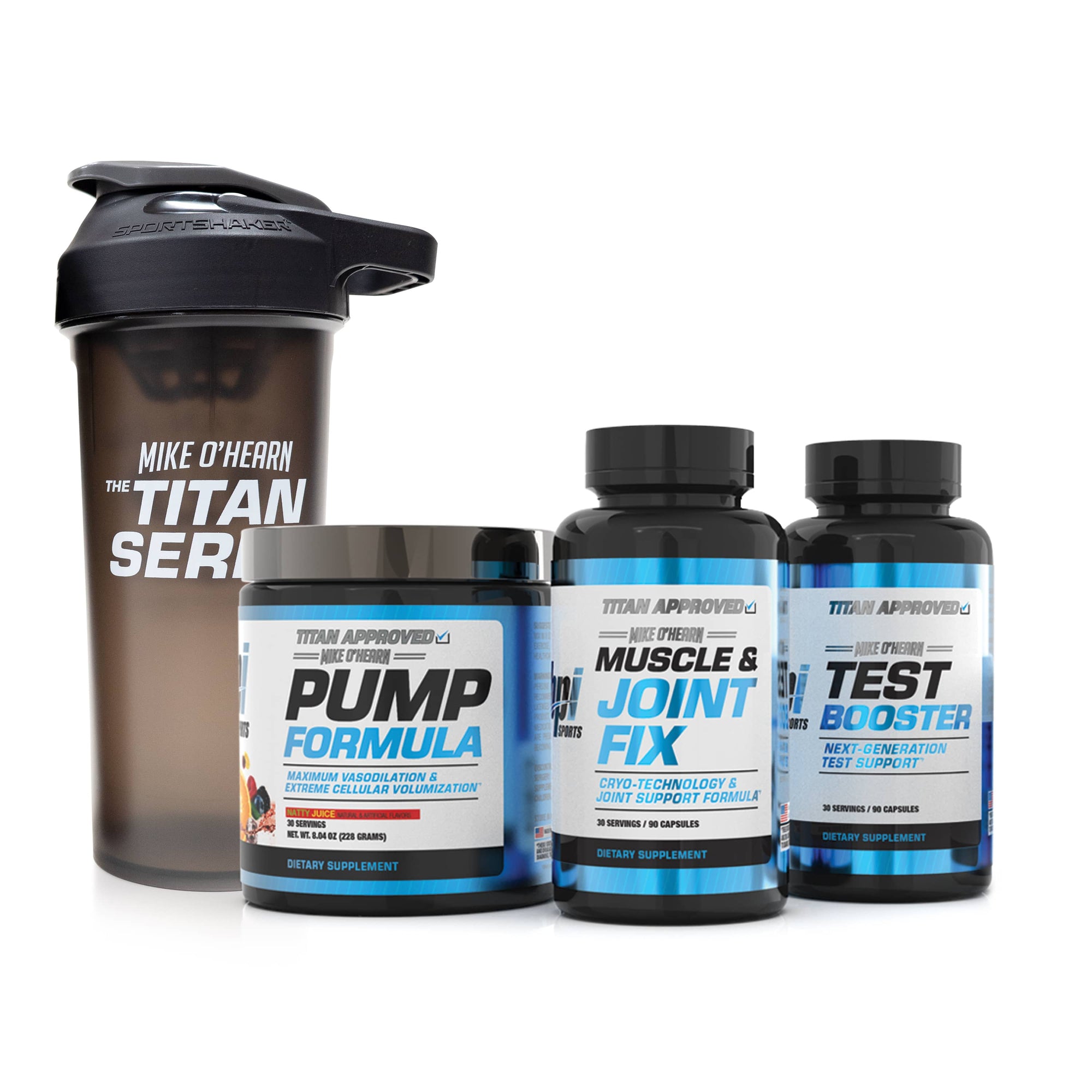 Mike O'Hearn Super bundle. Includes: PUMP FORMULA container / TEST BOOSTER bottle / MUSCLE & JOINT FIX bottle / MIKE O'HEARN TITAN SERIES SHAKER CUP  Natty Juice