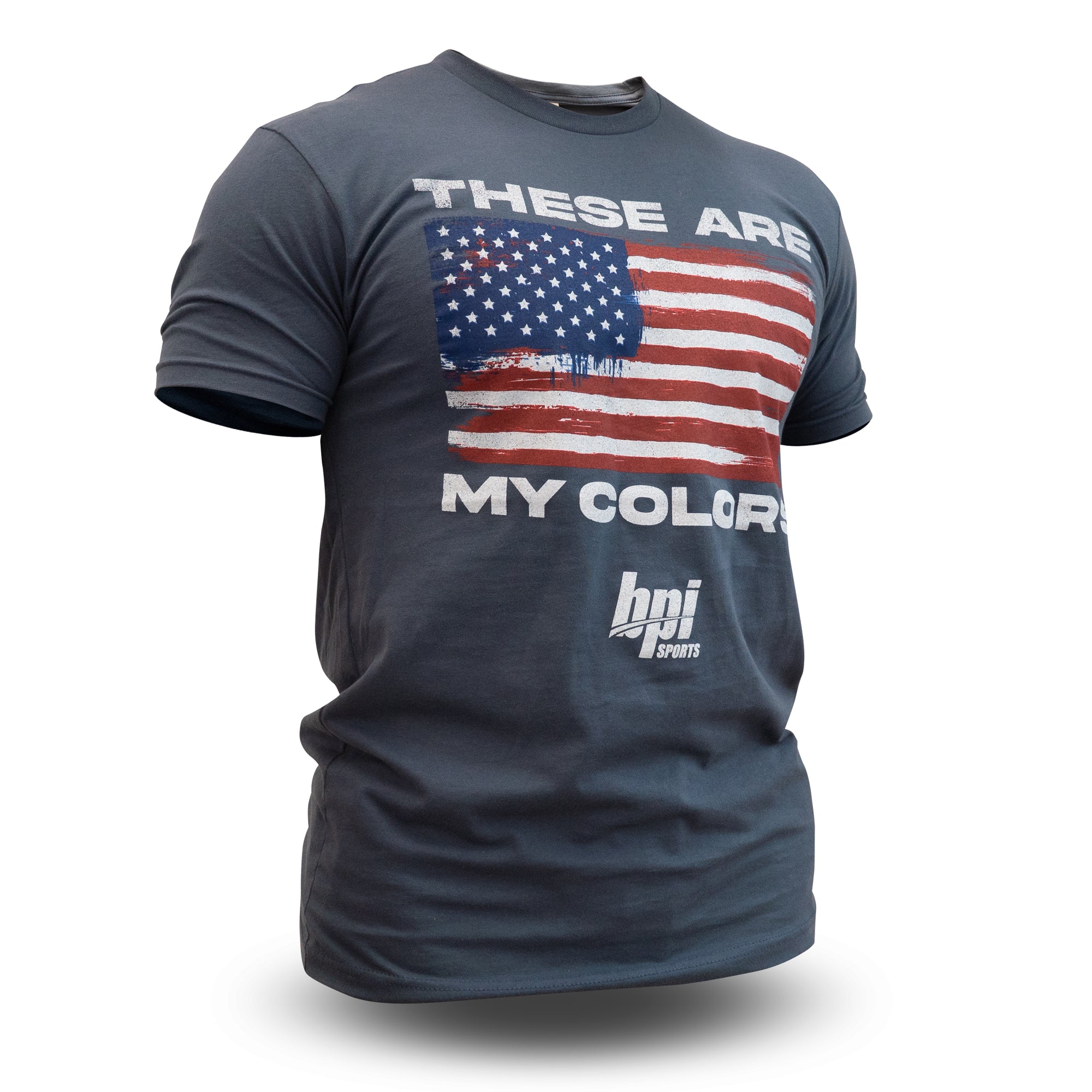Tee shirt with logo on chest: "these are my colors" and American Flag