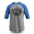 3/4 sleeve basseball tee shirt. vintage royal blue sleeves and a heather grey body. Mike O'Hearn logo on chest
