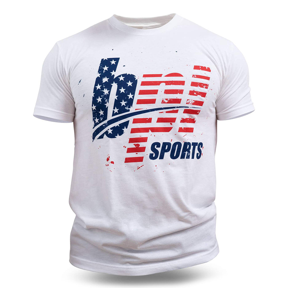 white tee-shirt. bpi sports logo american flag