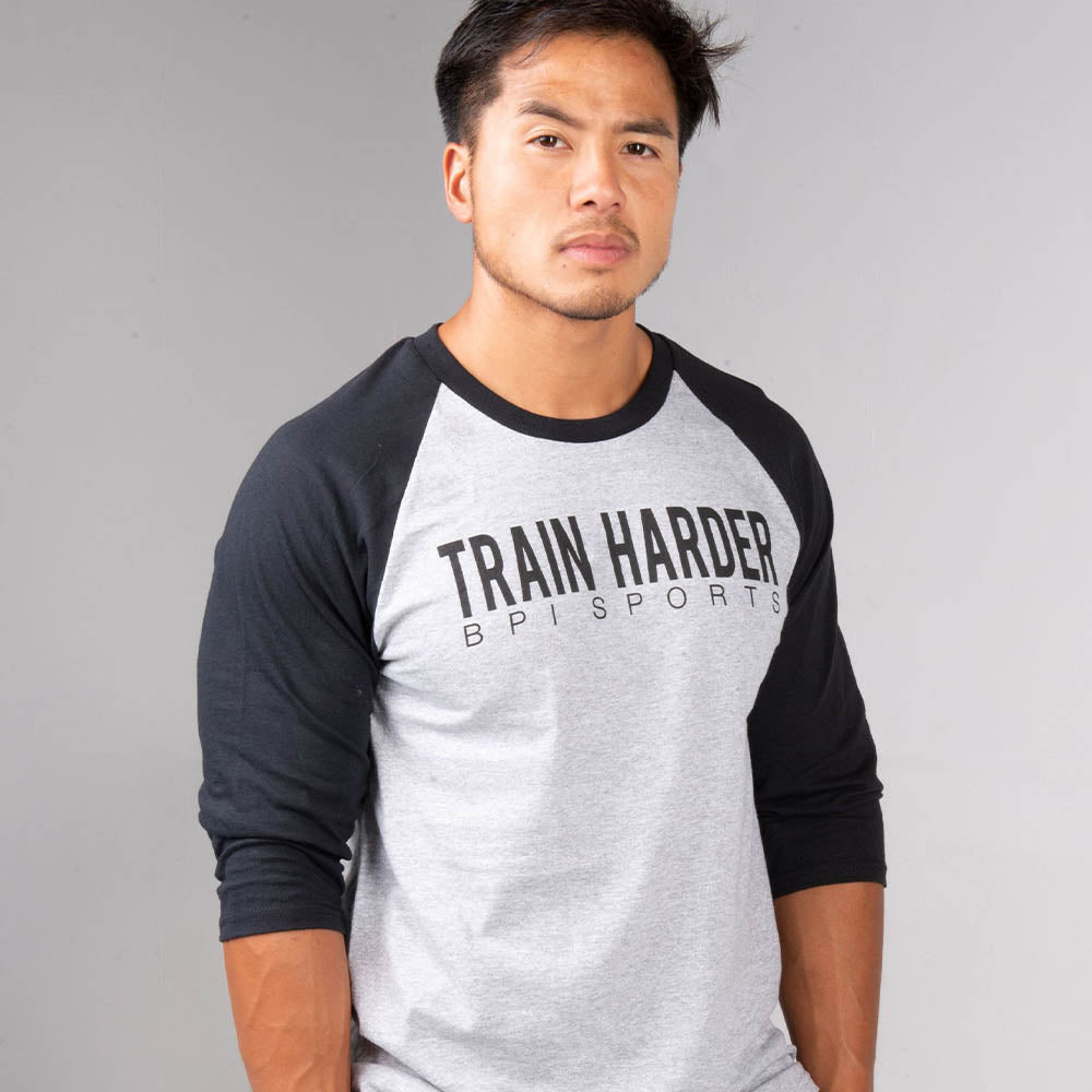 Baseball tee 3/4 sleeves. Train Harder logo. Black and Grey