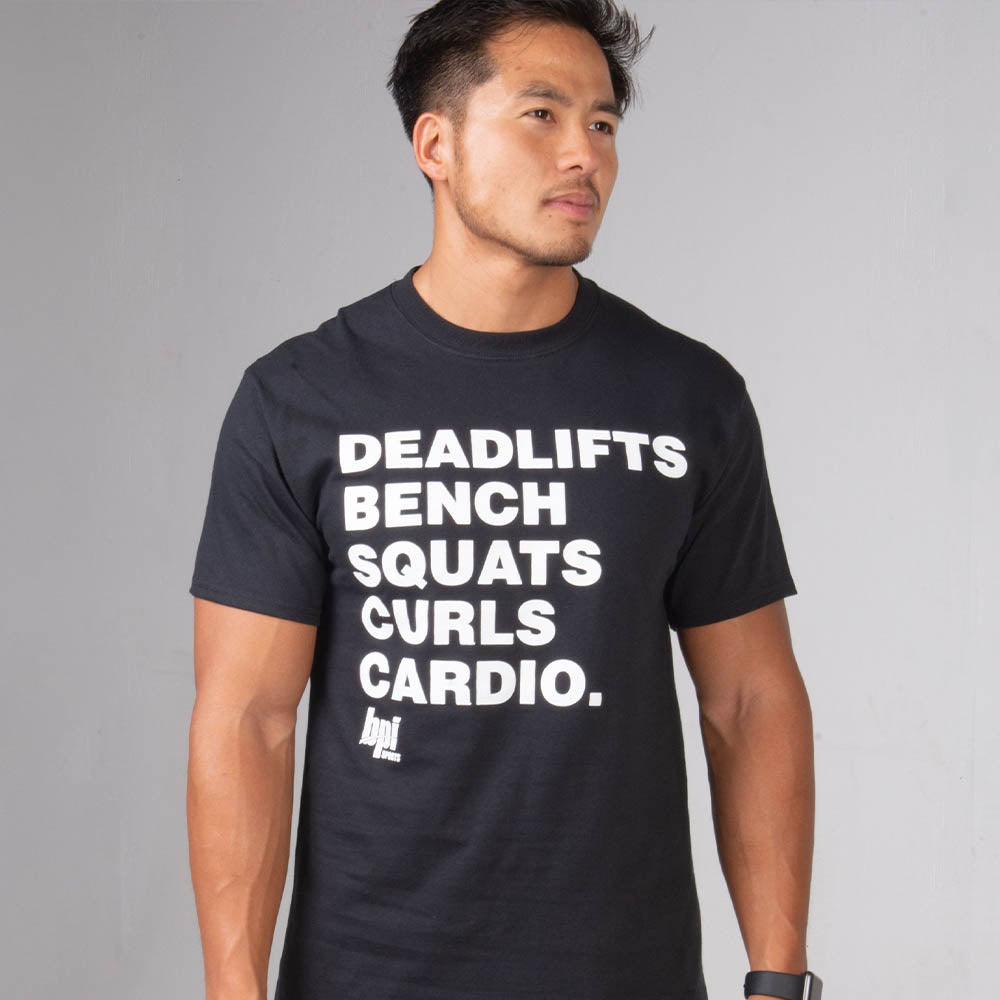 Mens tee shirt - black - Logo on chest DEADLIFTS. BENCH. SQUATS. CURLS. CARDIO.