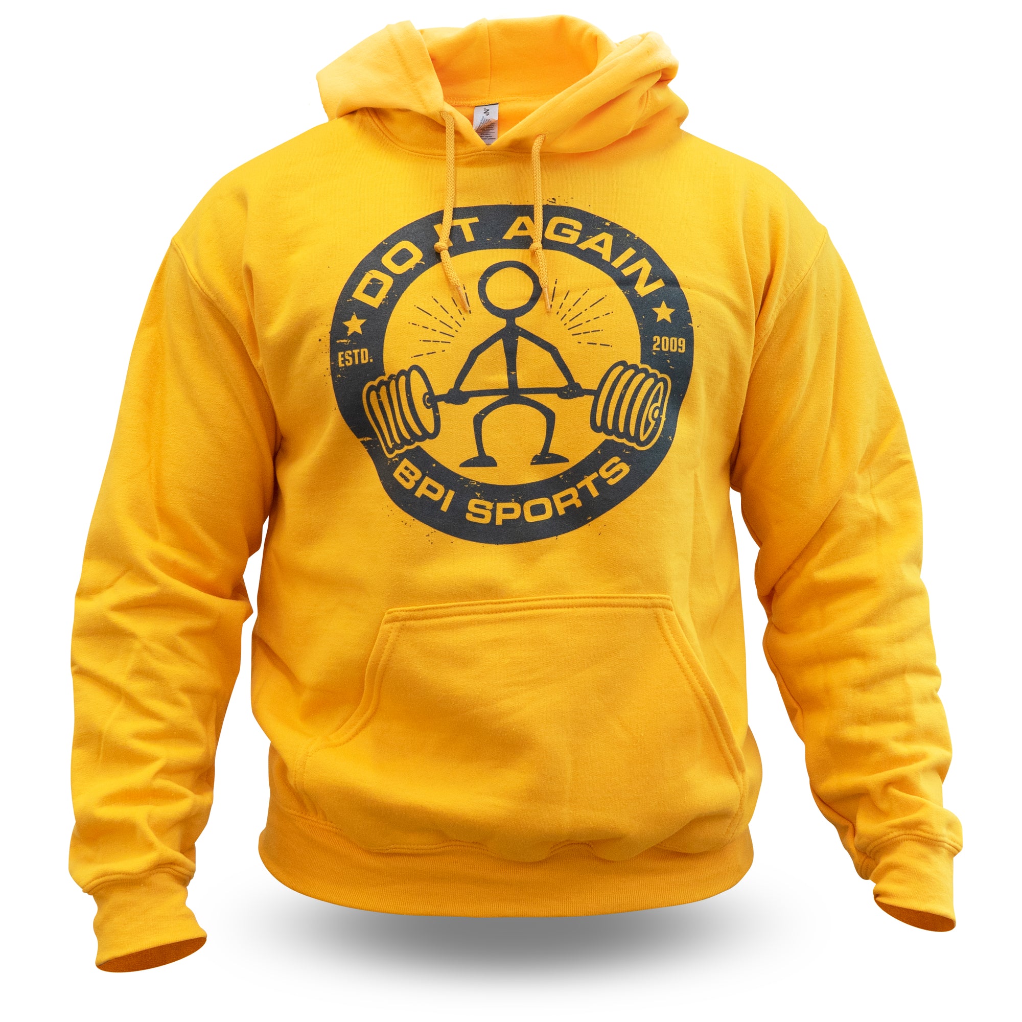 Yellow Hoodie. Do it again bpi sports logo.