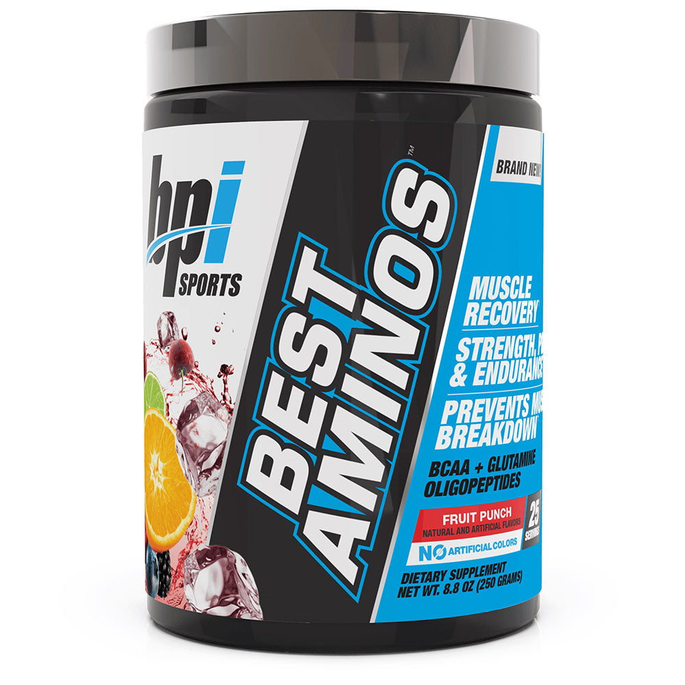Best Aminos Container. Fruit punch flavor. net weight 8.8 ounces / 250 gams. muscle recovery. strength power and endurance. prevents muscle breakdown. BCAA & Glutamine